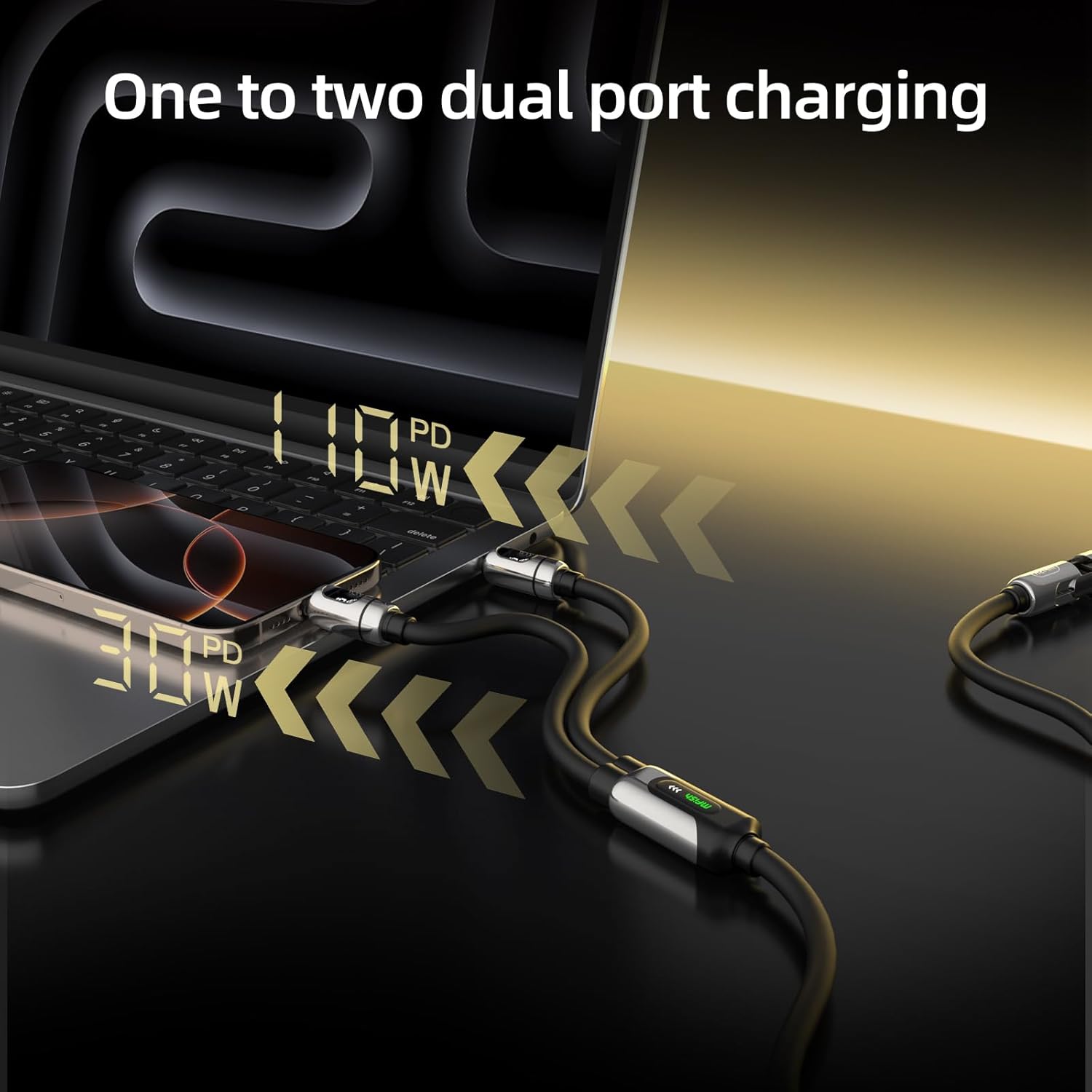 MFish 140W Smart 2-in-1 USB-C Charging Cable with LED Power Display, PD 3.1 Dynamic Power Allocation, Charge MacBook Pro & Phone Simultaneously, Liquid Silicone, Data Sync, 5FT Black
