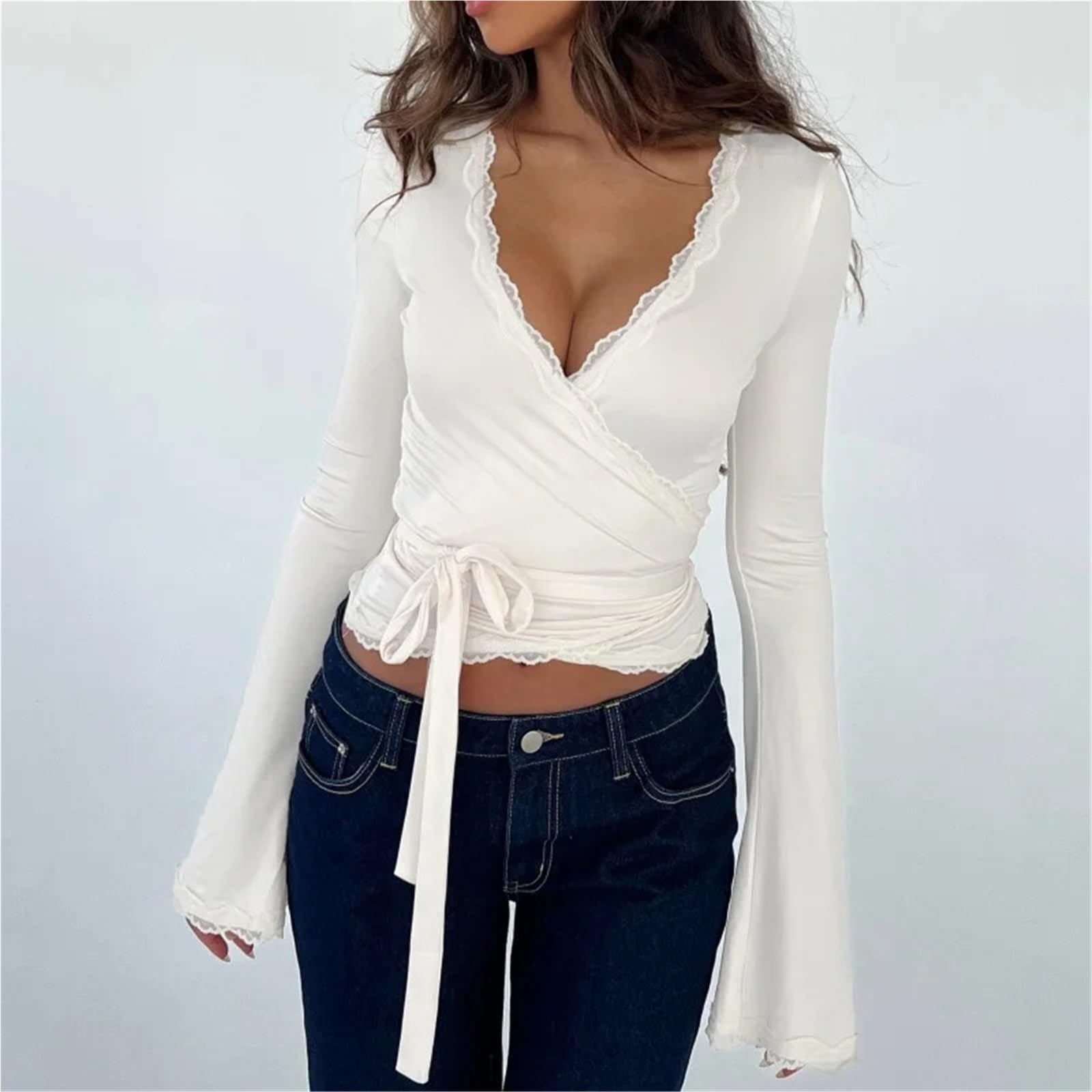 Wickeloberteil Damen Wickeltop mit gekreuzten Bändern for Ballett, Spitzenbesatz, langärmlig, V-Ausschnitt, Yoga-Wickelshirts, schmale Passform, Oberteile mit Bindeband vorne
