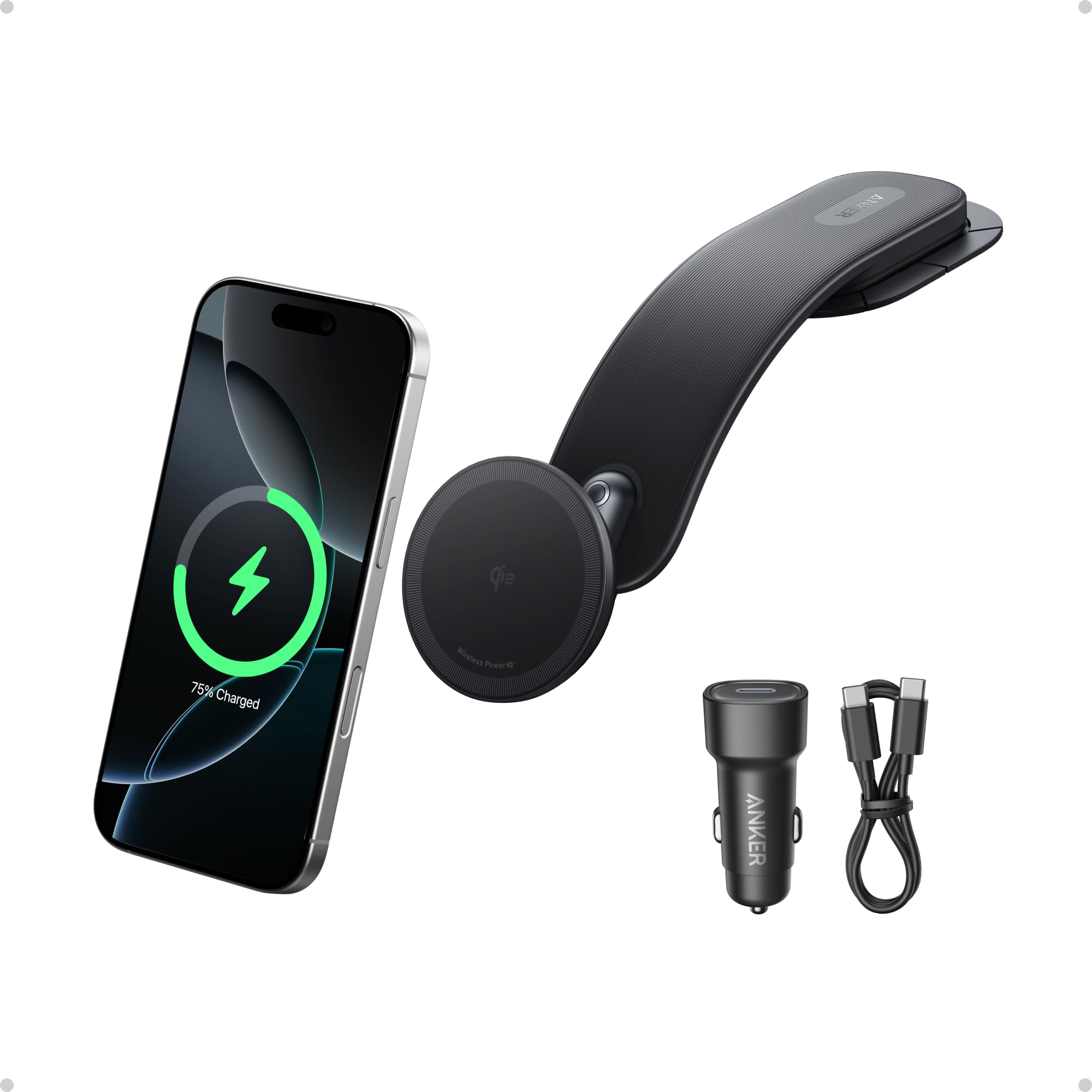 Anker Nano Caricabatterie Wireless Magnetico da Auto, Regolabile a 360° con Supporto Rimovibile, Ricarica Rapida 15W Certificata Qi2 con Supporto in Lega, per iPhone 16/15/14/13 (Adattatore Incluso)
