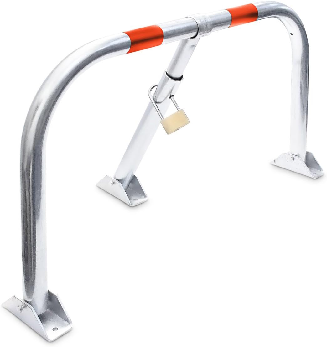 Relaxdays 10017409 Folding Parking Barrier, With 3 Keys, 76 x 32 x 45 cm, with Red Warning Stripes, Silver