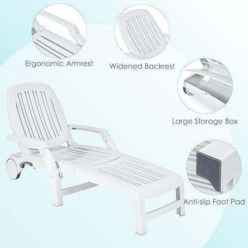 Miniatura 6 de Tangkula Tumbona para exteriores, reclinable ajustable de 5 posiciones con caja de almacenamiento y ruedas flexibles, silla de patio plegable para