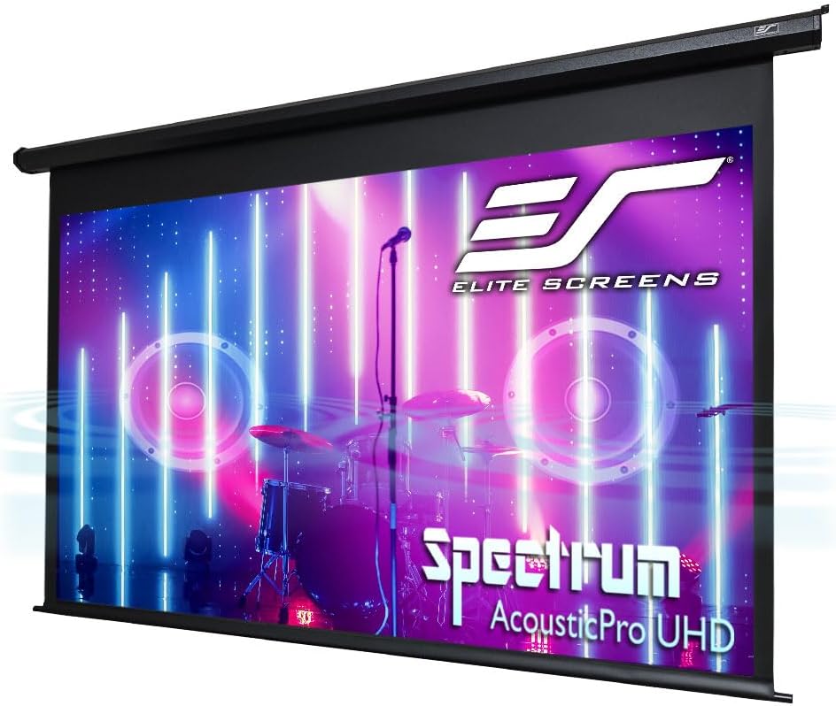 Elite Screens Spectrum AcousticPro UHD 100-inch Motorized Projector Screen Electric Projection screen 16:9 4K Moirรฉ-Free Sound Transparent Perforated Weave Drop Down for Home Theaters Offices