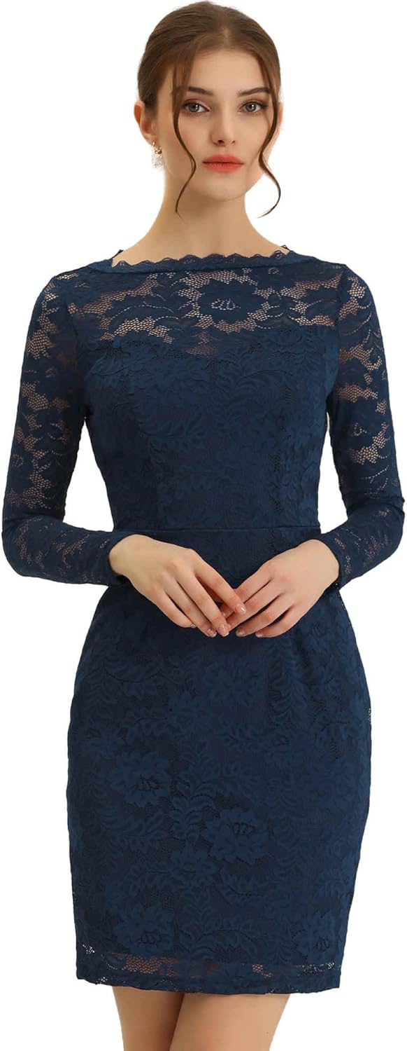 Allegra K Elegant Floral Lace Dress for Women's Business Boat Neck Cocktail Wedding Guest Bodycon Pencil Dress
