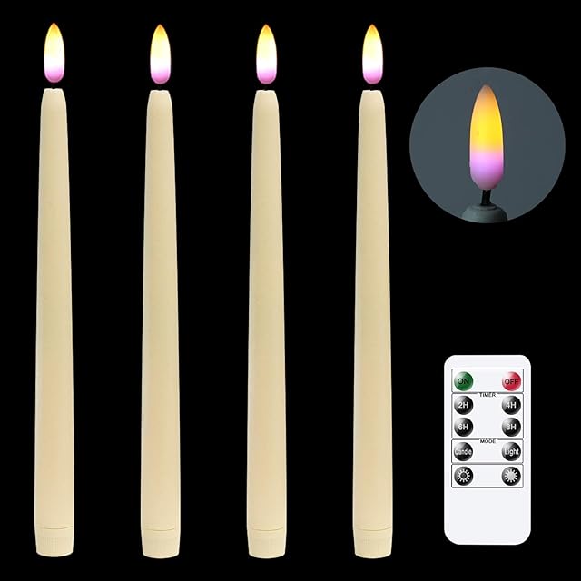 Eldnacele Flameless Battery Operated Window Taper Candles Flickering with Remote Control, Ivory Real Wax Coated LED Taper Candles with Timer Real Flame Effect for Wedding Party Decoration Pack of 4
