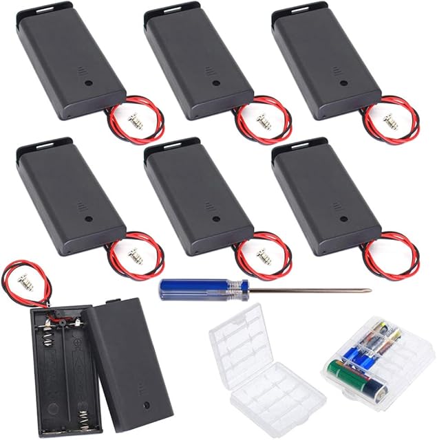 GTIWUNG 7Pcs 2 AA Battery Holder with Switch and Cover, Battery Holder Case Box with Wires,Black Plastic Batteries Case with Pin, 2X1.5V 3V AA Battery Holder with Leads,2Pcs Cell Battery Storage Case