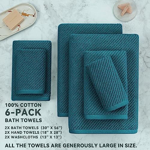 Voova & Movas Towels For Bathroom,6 Pieces Gift Set,100% Cotton | Large | Soft | Quick Dry, 2 Bath Towels 30×56Inch, 2 Hand Towels 18×28, 2 Wash Cloths 13×13,Dorm Room Essentials, Turquoise #TOP1