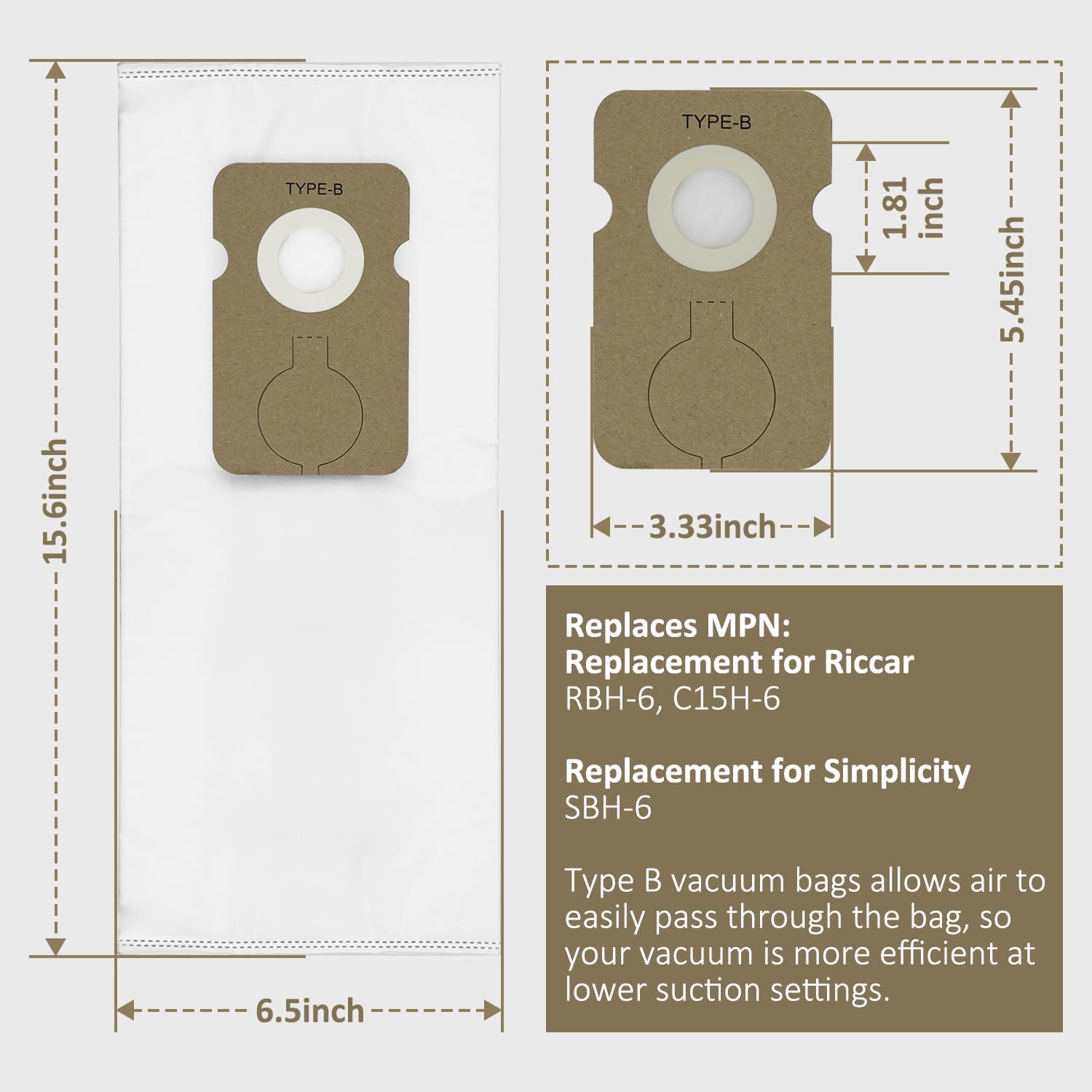 Replacement 6-Pack Type B Vacuum Bags With 2 Belts for Riccar 8900 8955 8850 8650 8950 8925 8920 8625 2000 4000 for Simplicity 7700 7750 7850 7000 Series 7200 7250 7300 7350 7400 7450 7900