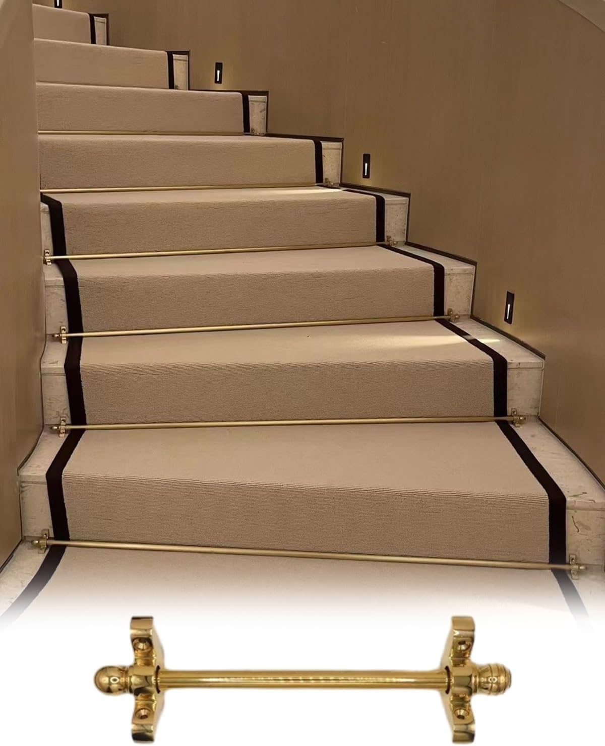 Decorative Bright Brass Stair Rods for Carpet Runners - 5 Pack 55cm (21.7in) with Spherical Finial & Brackets, Easy Installation for Staircase Enhancement