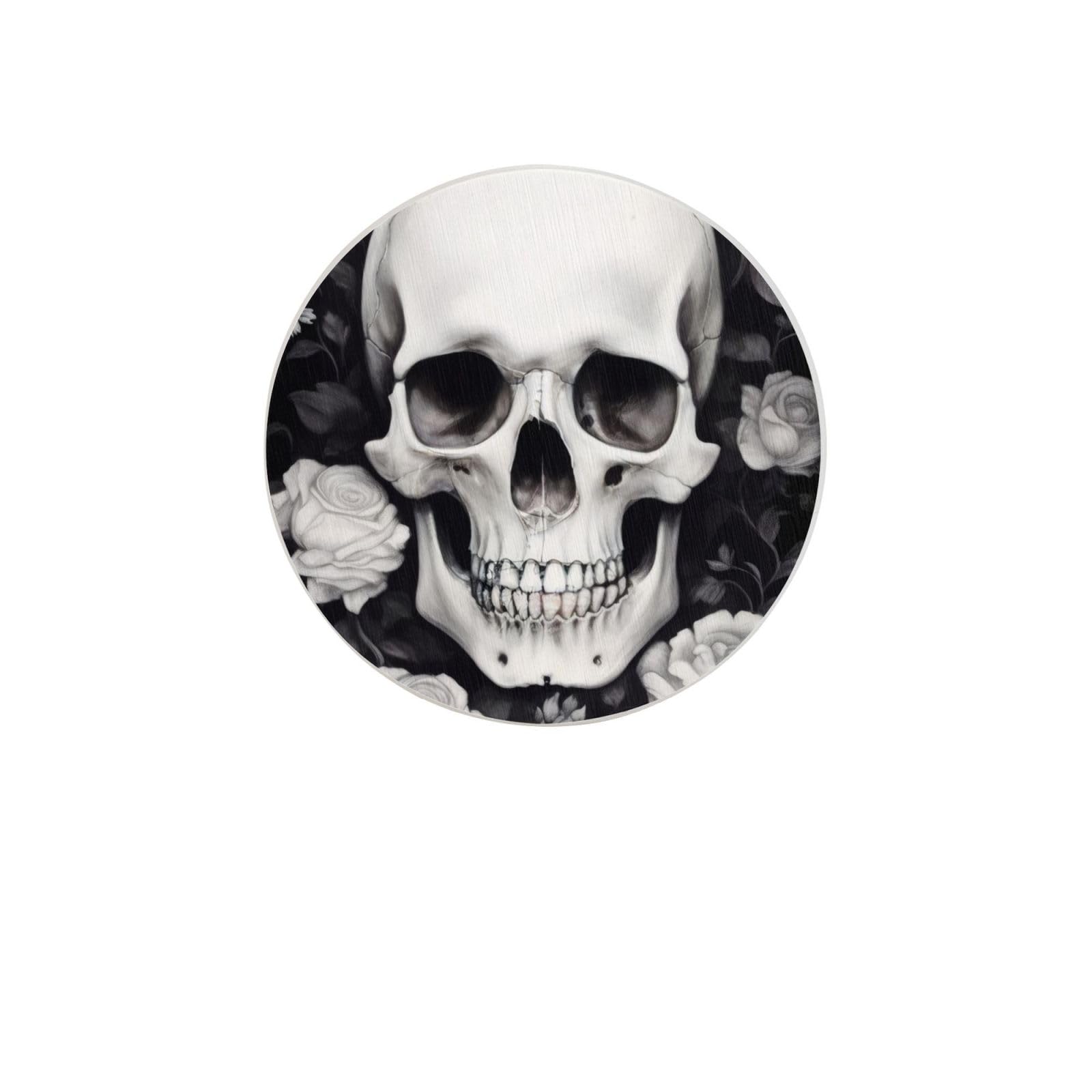 White Flowers and Skull Absorbent Drink Coasters Diatomaceous Round Coaster 4 Inch Reusable Cup Coasters Set 4pc