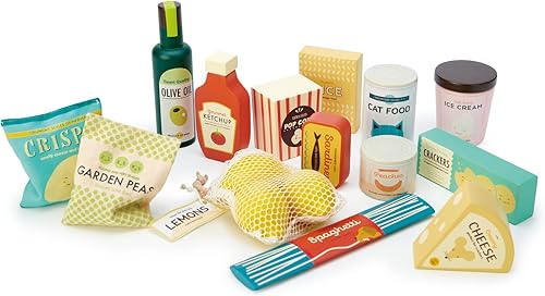 Tender Leaf Toys - Juego de comestibles de supermercado - Paquete de 17 piezas de madera para juegos de roles de supermercado, accesorios de cocina