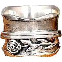 Blooming Rose Flower Wide Band Ring for Women Retro 925 Sterling Silver Floral Chunky Ring Vintage Ring Boho Stainless Steel Flower and Leaf Promise Statement Anniversary Ring