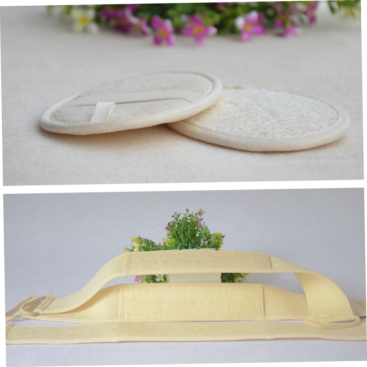 Beavorty 3Pcs Natural Loofah Sponge Set Exfoliating Bath Scrubber for Men Women Soft Bathing Tool with Hand Strap for Gentle Cleansing and Skin