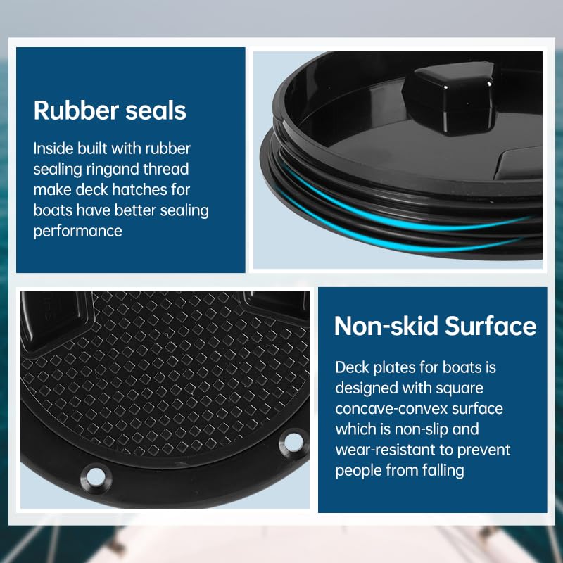 Boat-Ready Black Round Non-Slip Inspection Hatches - Sizes 4", 6", 8" with Detachable Cover - ABS Plastic Screw out Access Hatch Cover for Kayak, Yacht, Marine Accessories