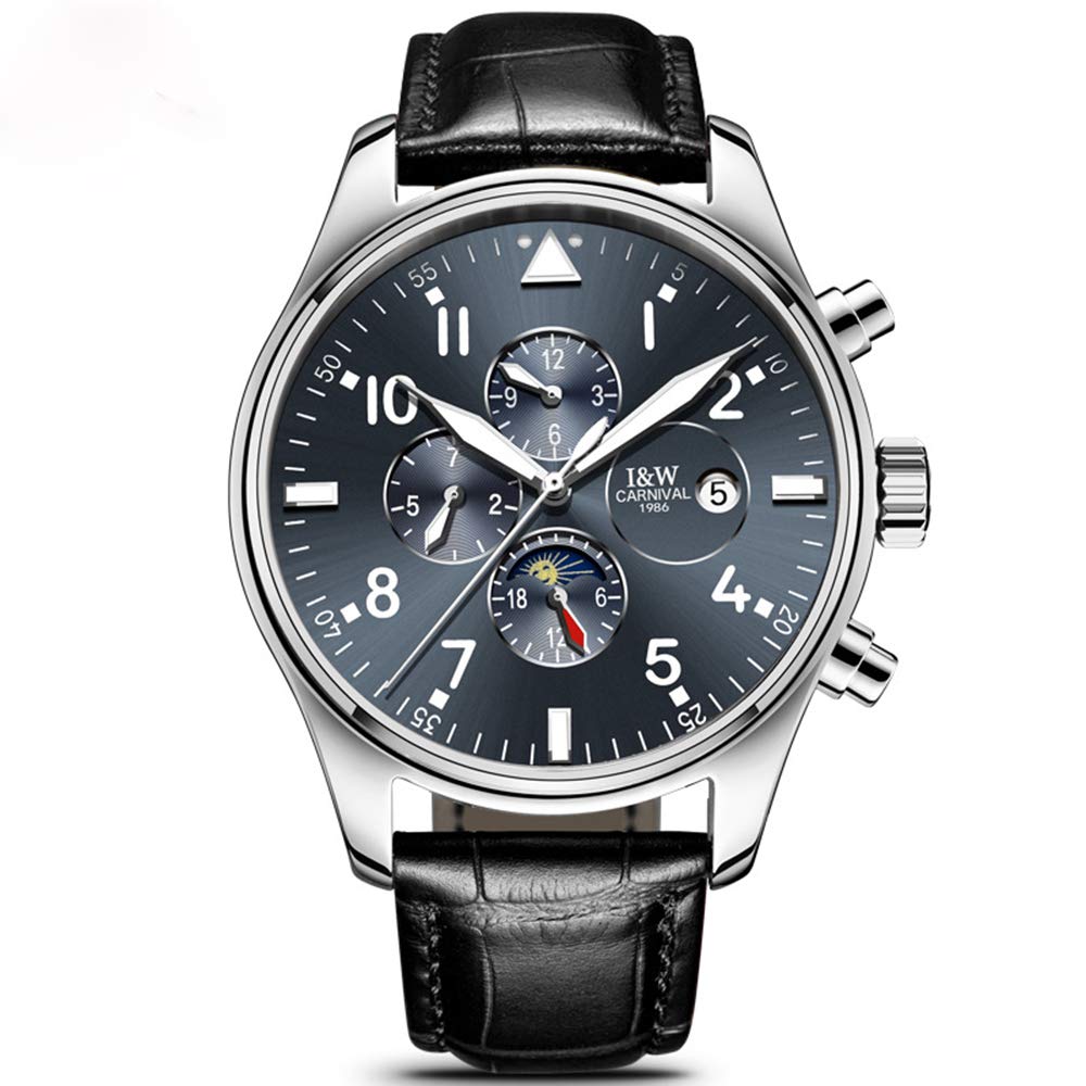 MASTOP Herren Komplikationen Analog Automatische Mechanische Uhr Leuchtender Kalender Echtes Lederband Business Edelstahl Kleid Armbanduhr Klassisch