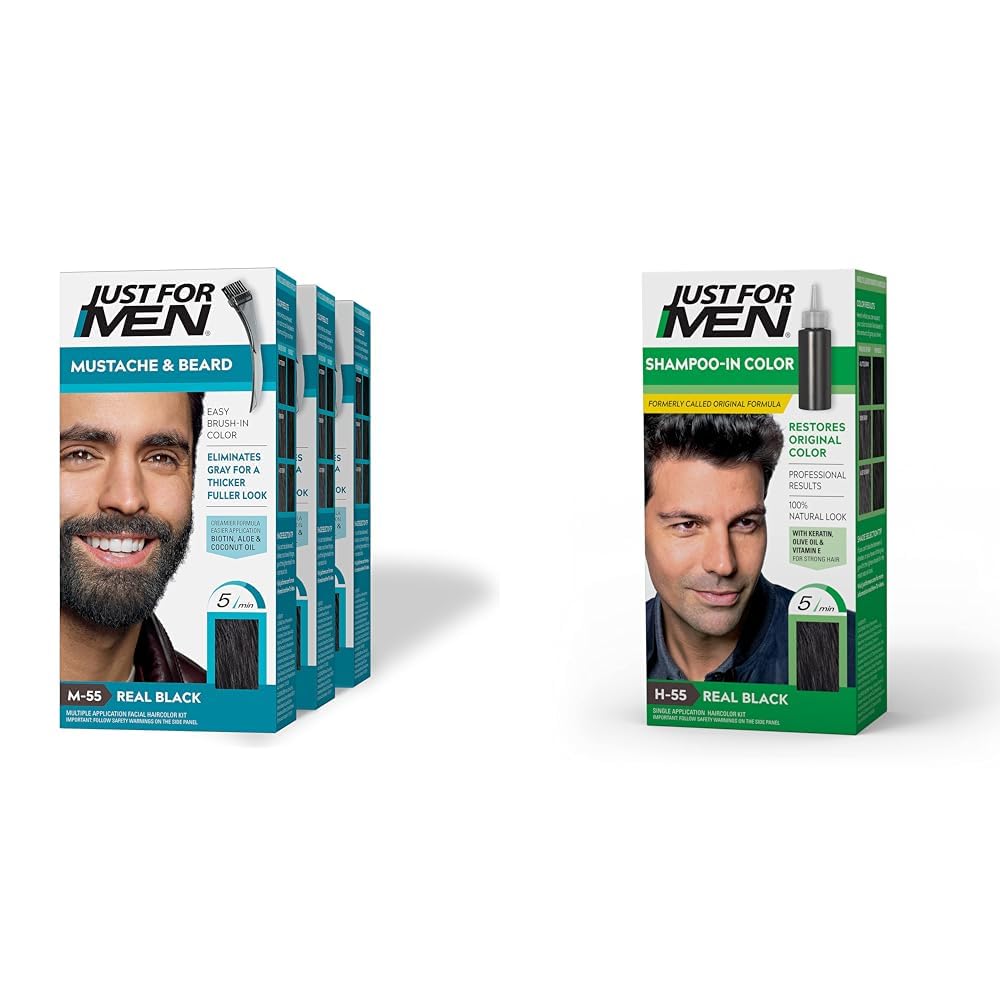 Just for MenMustache & Beard, Beard Dye with Brush Included - Real Black, M-55, Pack of 3 & Shampoo-In Color (Formerly Original Formula), Real Black, H-55, Pack of 1