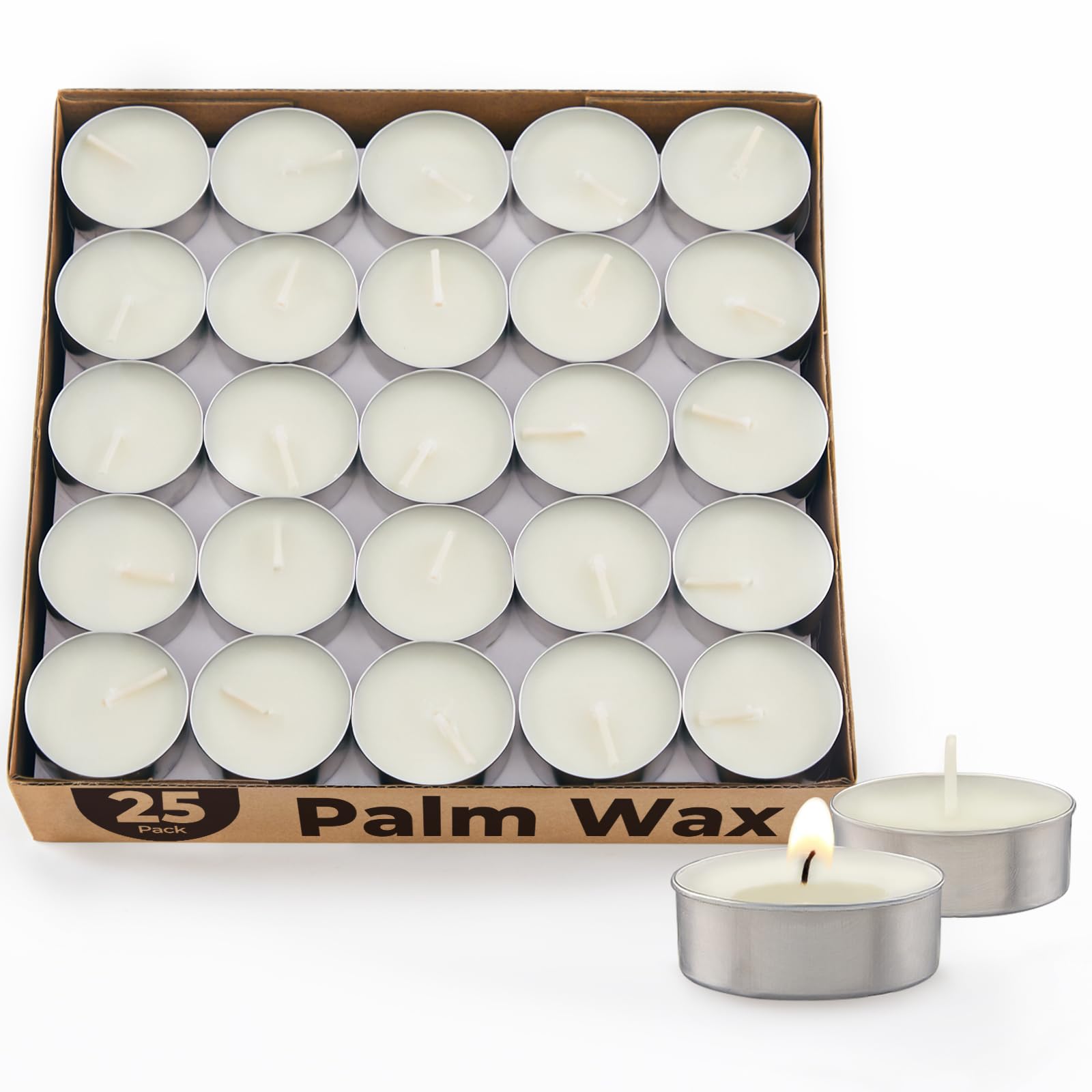 Unscented Palm Wax Tea Lights Candles 25 Pack Bulk-4.5 Hours Long Burning, Pure Palm Tea Lights Non-Paranffin, Smokeless, White Mini Tealight Candles for Wax Melt Warm Tea Coffee Power Outages