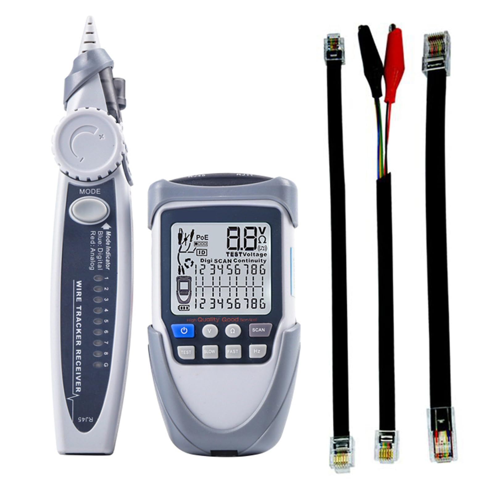 Wakects Tester per Cavi di Rete Portatile Portatile, Tracciatore di Cavi Multifunzione ABS con Display LCD, Controllo polarità Tensione POE, Tracciamento Digitale e Analogico, Torcia per Tecnici di