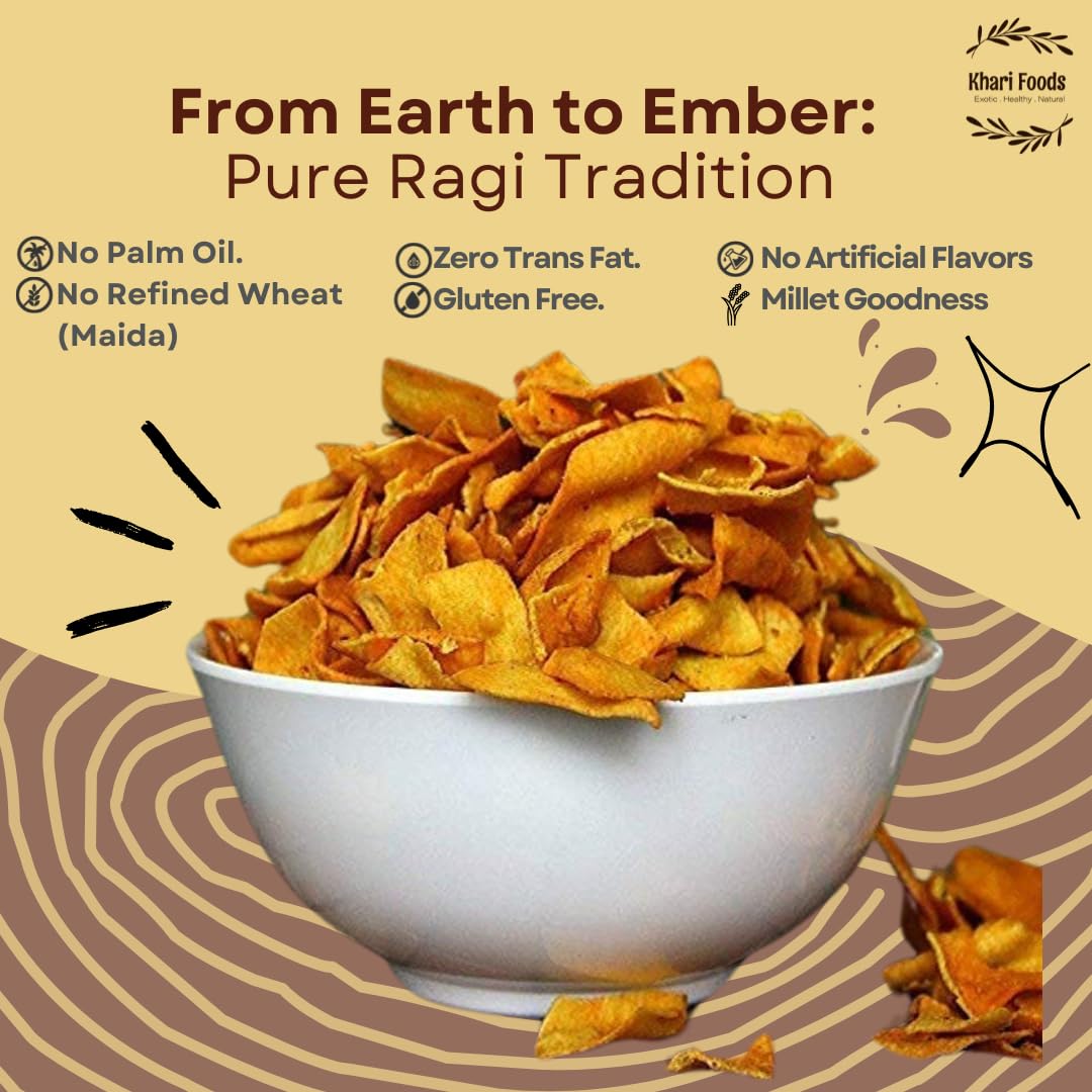 Khari Foods Ragi Crispies, Tandoori Flavoured Chips, No Palm Oil, No Maida, Millet Goodness, Fibre Rich, Zero Cholestrol, Gluten Free Vegan Snacks (50g x 4 Combo) - Image 3 thumbnail