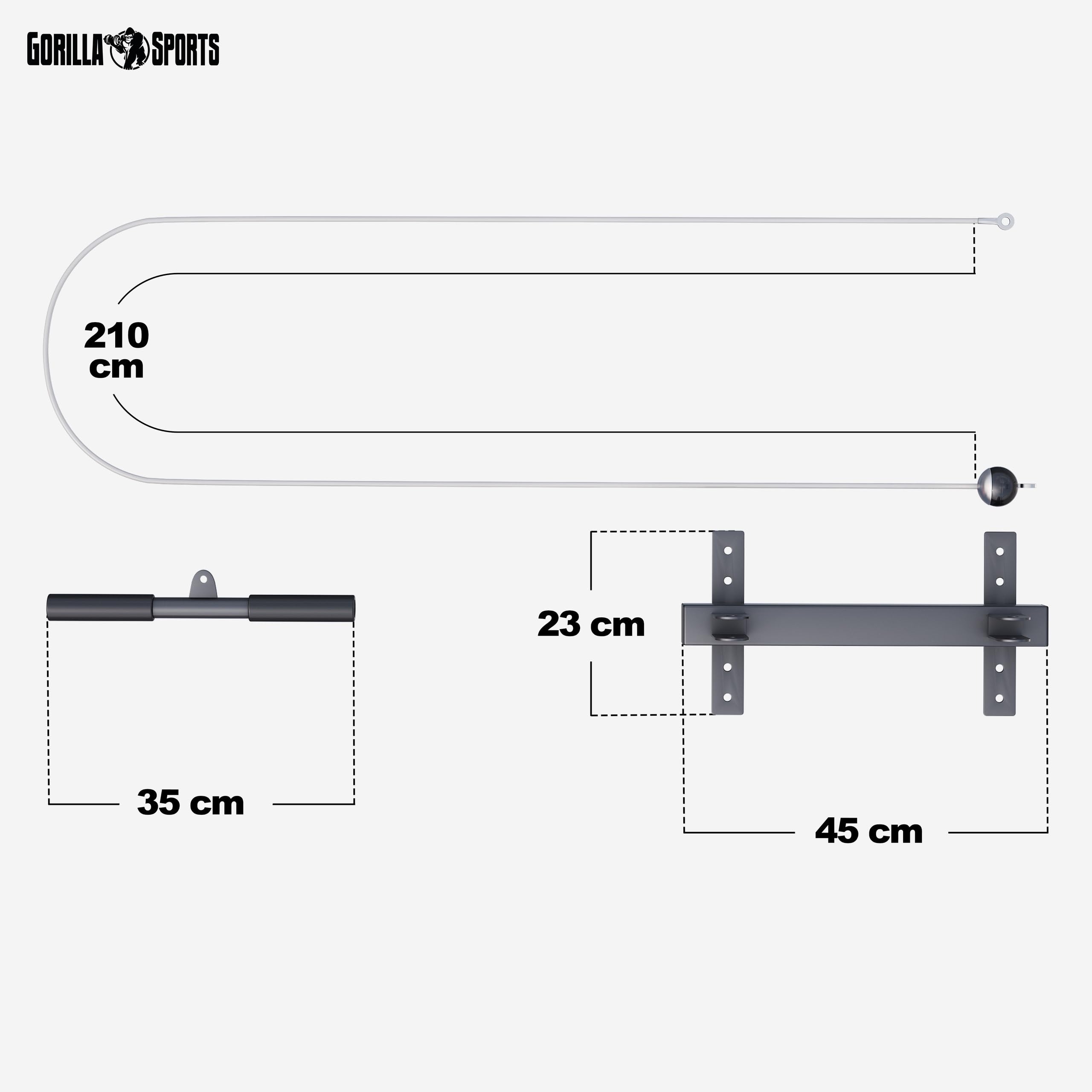 GORILLA SPORTS® Lat Pulldown - Barra da 35 cm, Montaggio a Soffitto, Max. 150kg, Ø 30/31 mm, con Cavo e Maniglia - Stazione Lat Machine, Bicipiti, Tricipiti, Puleggia da Palestra, Allenamento, Fitness