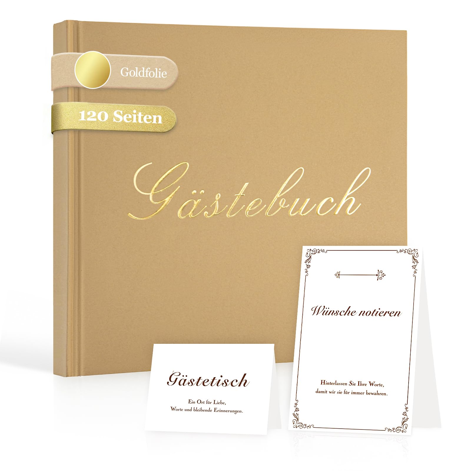 Foliom Gästebuch Hochzeit Set, Kraftpapier Hardcover, Goldfolie, 120 Seiten | 20x20 cm, Tischschild, Willkommenskarte, Für Hochzeit, Geburtstag, Taufe, Jubiläum Und Party