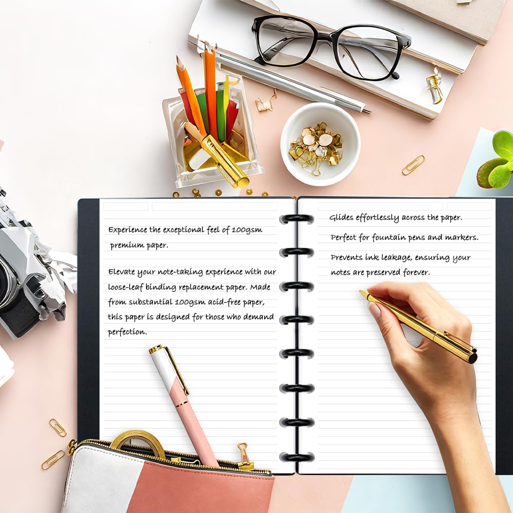 Papel de recambio de tamaño junior, papel de hojas sueltas A5 para sistema de toma de notas personalizado TUL para cuadernos, 100 hojas/200 páginas, 100 g/m², 14.7 x 21.9 cm