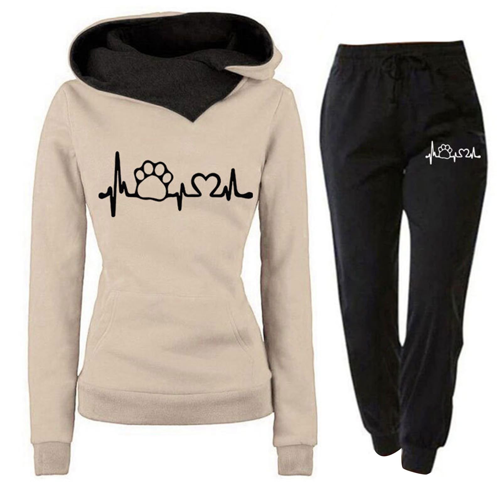 Tuta da jogging da donna, 2 pezzi, Heartbeat, con stampa di zampe di animali, sport, tempo libero, con tasche, tuta per pantaloni autunno e inverno