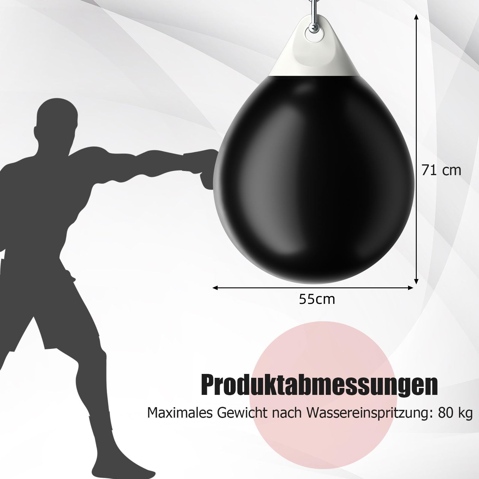 GYMAX Wasserboxsack Ø55cm aus PVC, Boxing Punching Bag mit Wasser füllbar, 80kg hängendes Punchingsack inkl. Wasserschlauch, Sicherheitsschnallen & Metallkette, für Erwachsene & Jugend, Schwarz