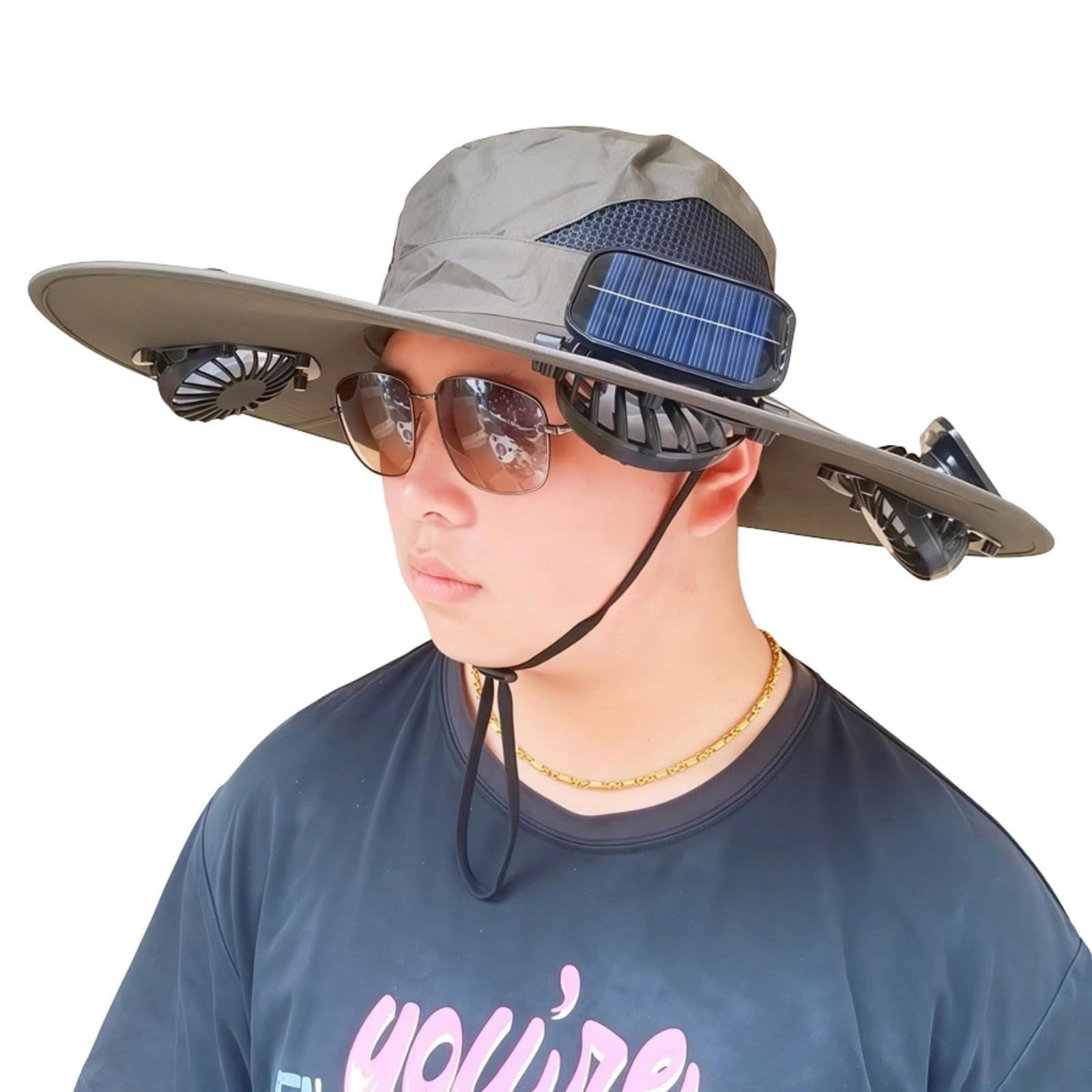 Solar Fan Sun Hat Wide Brim 4 Fan Cooling Fisherman Cap with Side Solar Panel and Chin Cord for Fishing Hiking Beach Walks Wearable Cooling Hat Shade Brim Cap Outdoor Warm Weather Fishing Beach Hot