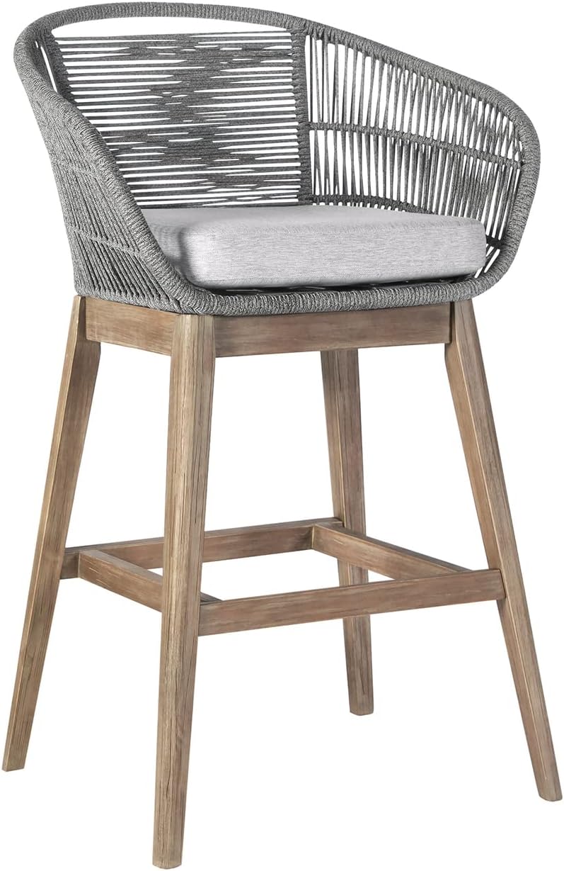 Armen Living Tutti Frutti Modern Indoor Outdoor Counter Chair Bar Stool in Light Eucalyptus Wood with Gray Rope, 30" Seat Height