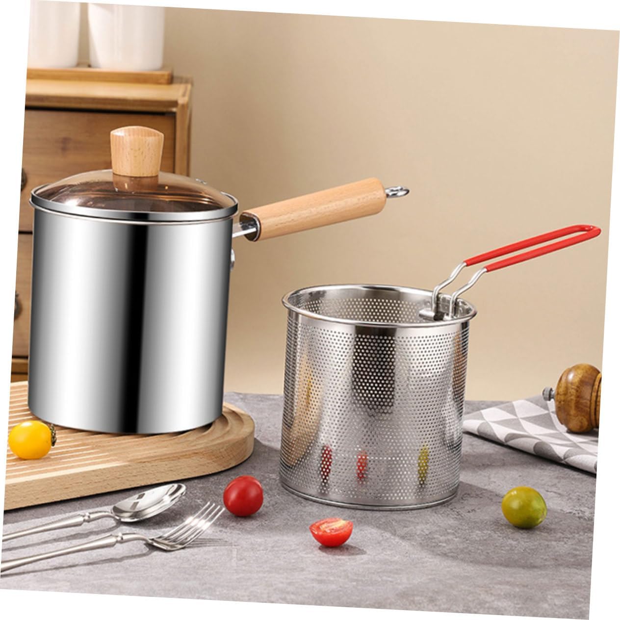 Mobestech Stainless Steel Deep Fryer with Filter Basket Mini Frying Pot for Home Kitchen Oil-Saving Fry Basket with Tong 1.5L Capacity for French Fries