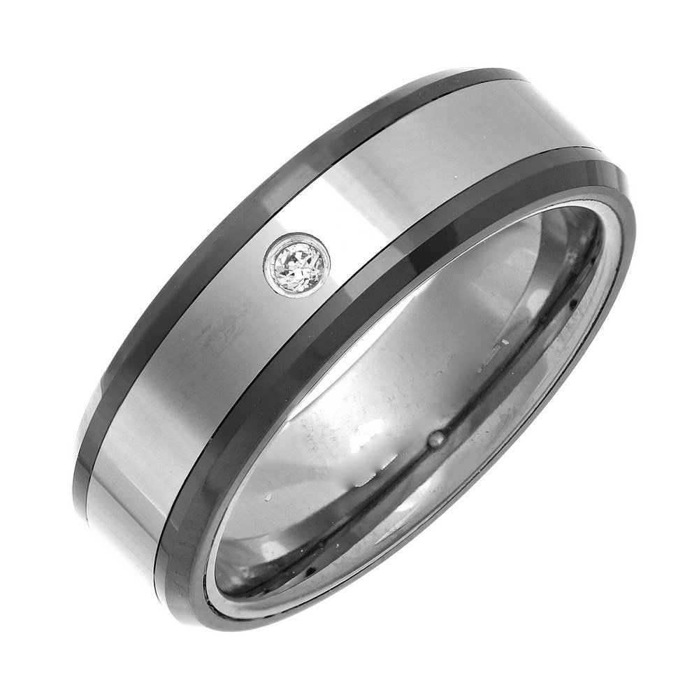 Nickel Free Tungsten and Ceramic Highly Polished with 1 x CZ Stone 7 mm Wedding Ring for Gents