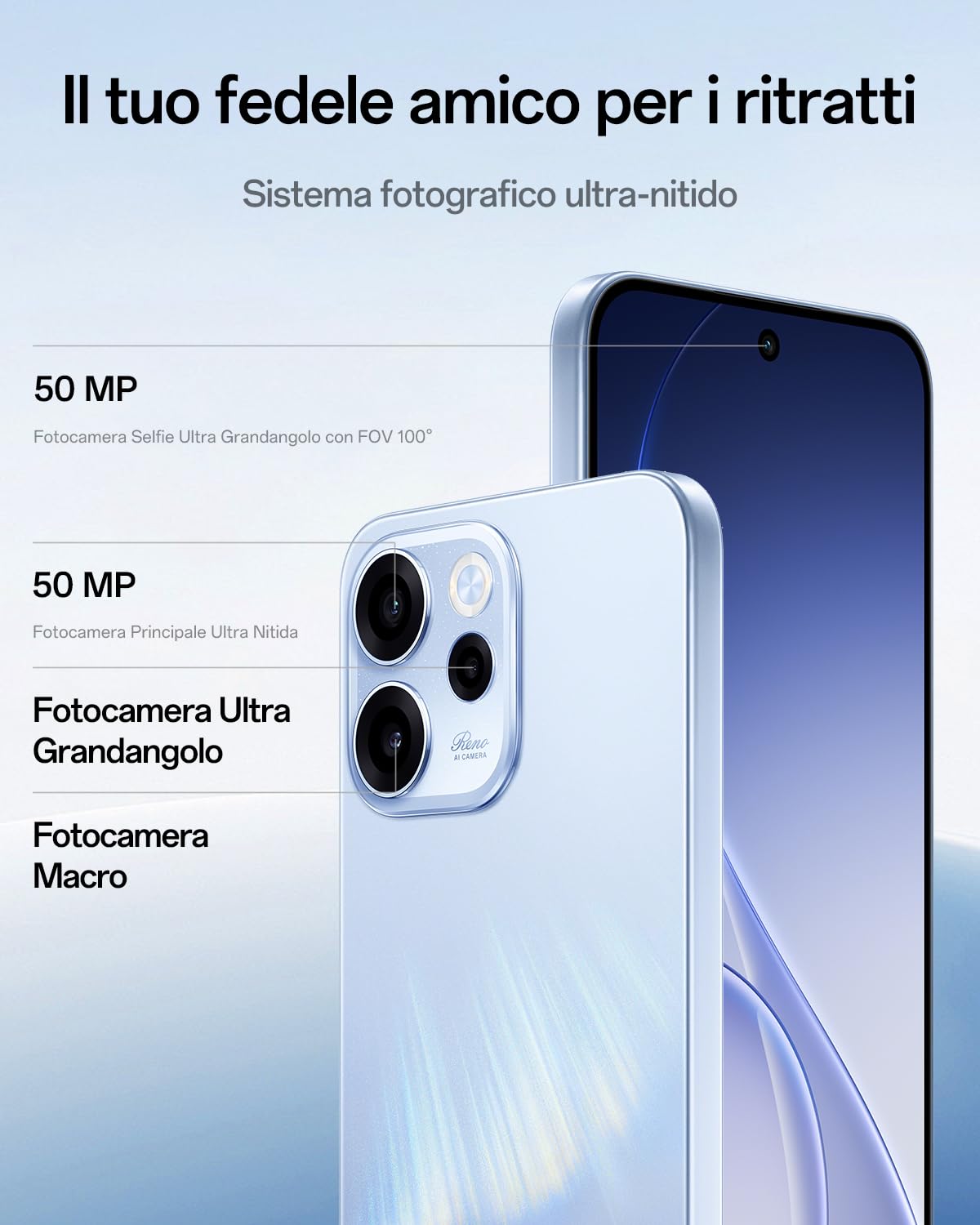 OPPO Reno15 FS 5G Smartphone Android, 8+512GB, Display 6.57" 120Hz, Fotocamera Grandangolare 50MP FOV 100°, AI Portrait Glow, Batteria 6500mAh, IP69, Ricarica flash 80W SUPERVOOC, Aurora Blue