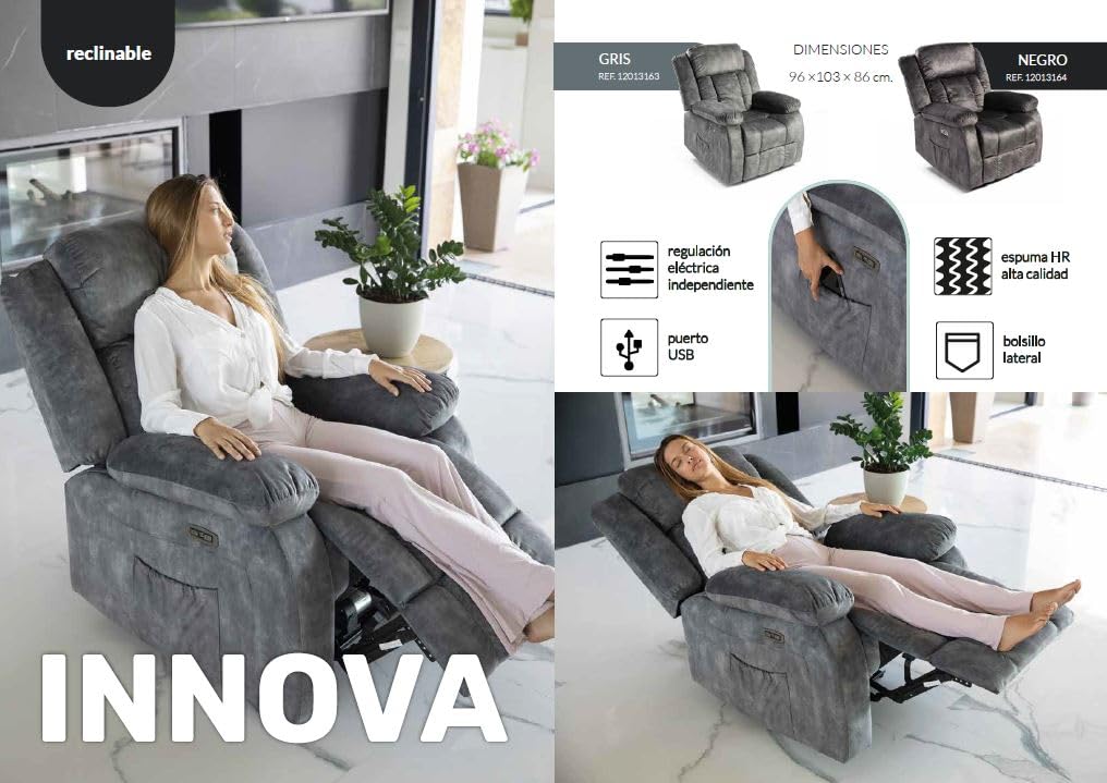 DUPI Sillón Relax Eléctrico INNOVA | Reclinable con Reposacabezas y Control Lateral | Carga USB | Tela Transpirable | Fácil Montaje | Gris Magia