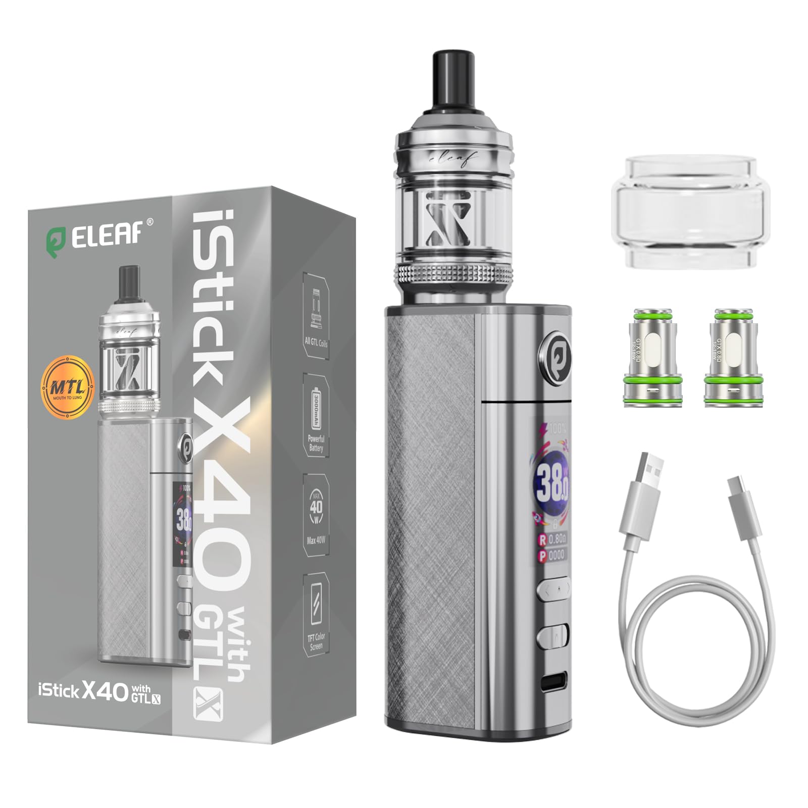 Eleaf iStick X40 + GTL X Tank Kit 3000mAh 40W vape mit austauschbarem Akku nikotinfrei Silber