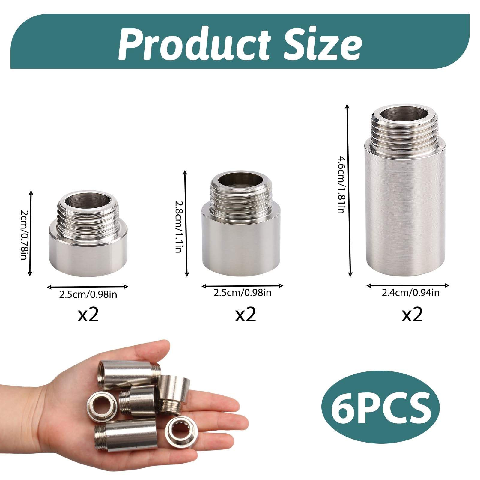 6 Piezas de Extensión de Grifo de 1/2 Pulgada, Extensión de Grifo Interior y Exterior con Rosca Estándar, Utilizable como Extensión de Boquilla de Ducha, Conexión de Tubo Alargador de Acero Inoxidable