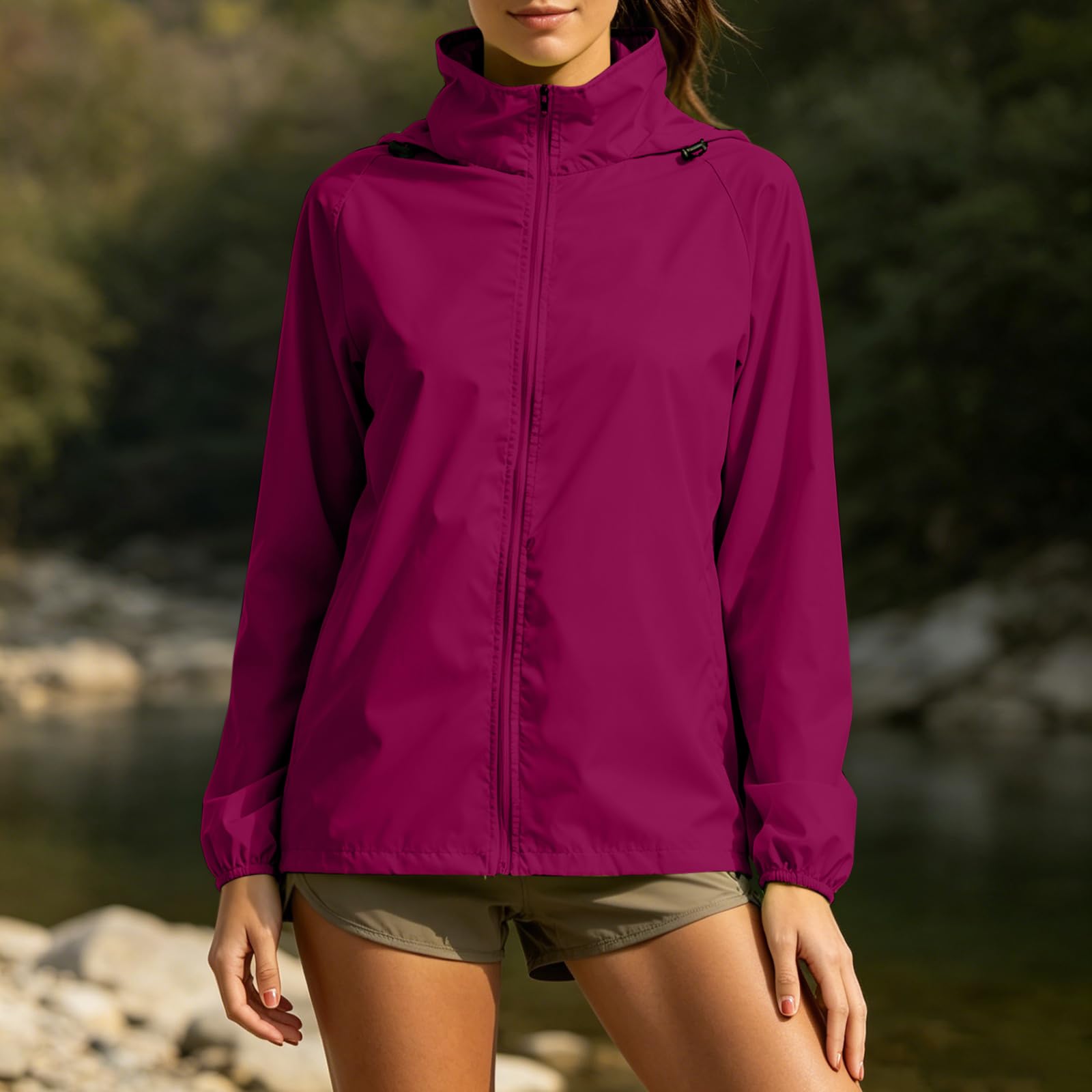 Saymany Jacke Damen Wasserdicht Regenjacke Outdoorjacke Leicht Winddicht Übergangsjacke Regenmantel Mit Kapuze Und Taschen Parka Funktionsjacke Dünn Mit Reißverschlüsse Laufjacke Freizeitjacke