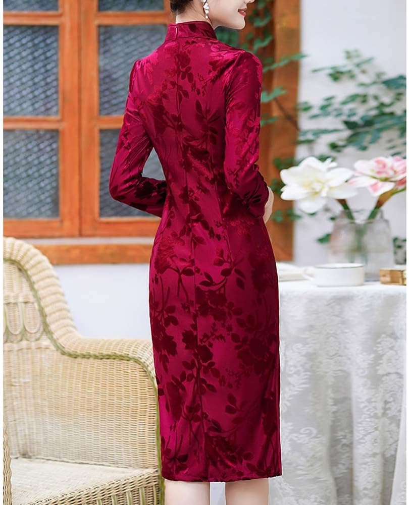 Women's Velour Midi Cheongsam 3/4-length Sleeve Mandarin Collar High Split Slim Fit Tradtional Chinese Qipao Costume