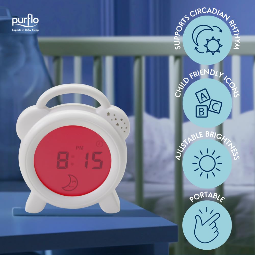 PurFlo Snoozee Horloge d'apprentissage du sommeil pour tout-petits | Veilleuse rechargeable rouge et bleue avec icônes soleil et lune, affichage numérique 12 heures, luminosité réglable pour l'heure