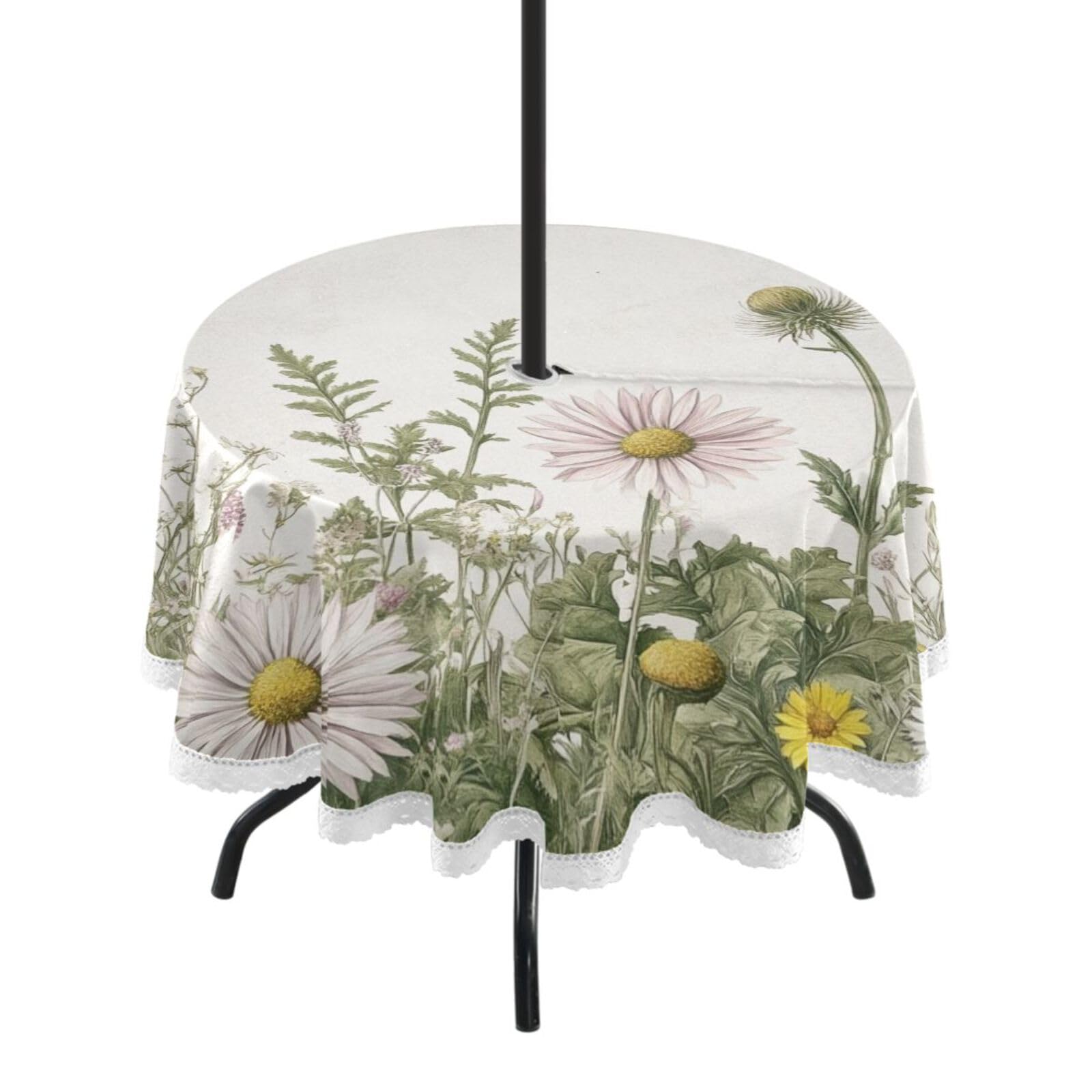 Ttgoth Wildflowers Outdoor Table Cloth 152 cm Water Stain & Resistan Tablecloth Wipeable Table Cover with Parasol Hole & Zipper for Garden Patio Party Picnic