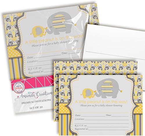 Amarillo elefante Baby Shower, invitaciones, diez 5"x7" llenar en tarjetas con 10 sobres blancos por amandacreation