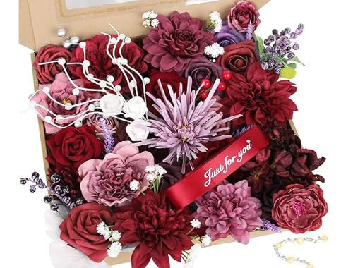 LELEE Artificial Flowers Rose Silk Flower Combo Blue Burgundy Foam Roses Bulk Decor Set for Wedding Bouquets Centerpieces Arrangements Cake Party Table Bridal Baby Shower Home Decorations