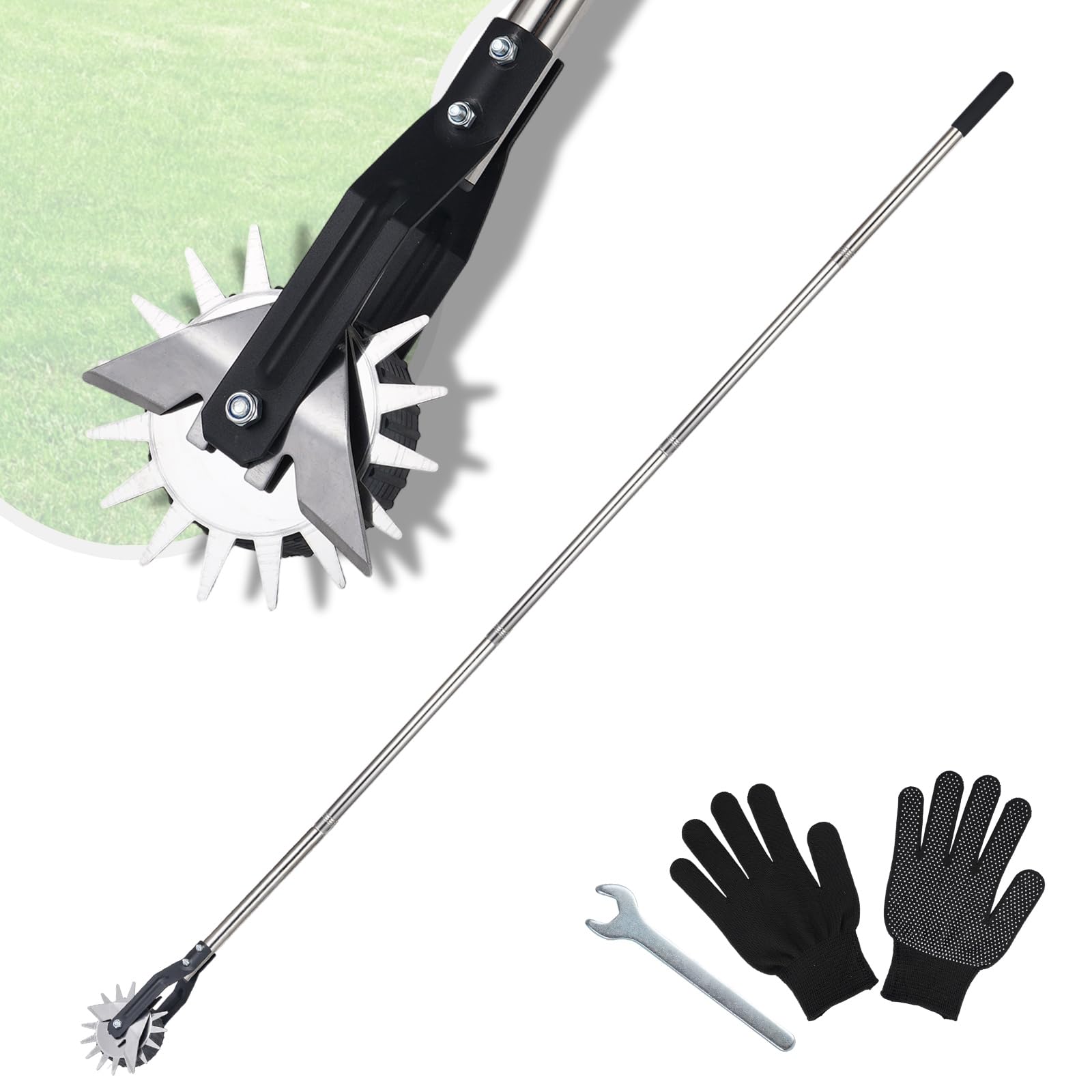 Wheel Rotary Edger, Adjustable 63” Manual Lawn Edger Tool with Gloves, Stainless Steel Trimmer for Sidewalk, Grass and Weed Edging, Ideal for Garden Landscaping and Yard Maintenance