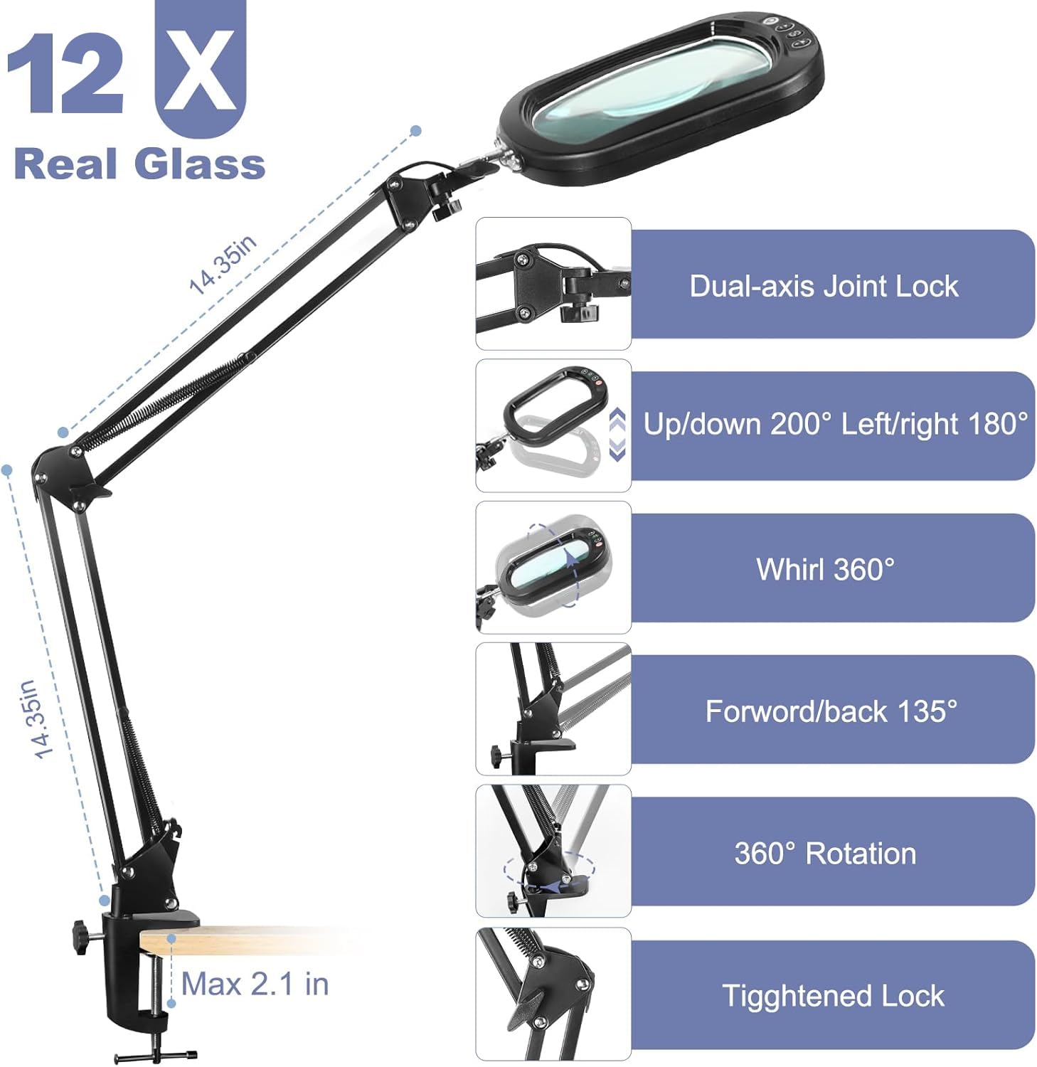Lupa de 10 unidades con luz y pinza, lupa de cristal real LED con luz y soporte, 5 modos de color regulable para personas mayores, lupa de brazo giratorio manos libres para manualidades, aficiones