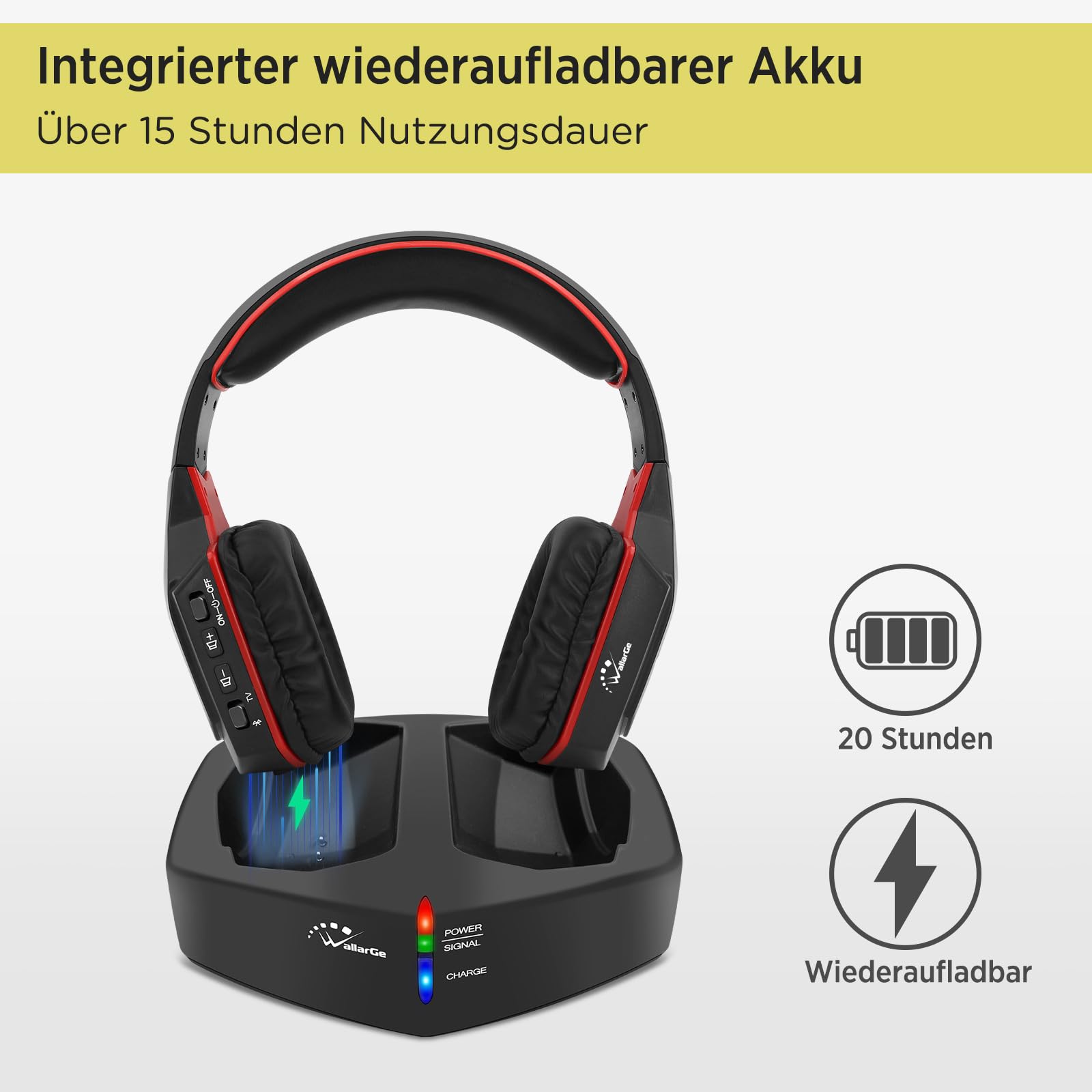 WallarGe Funkkopfhörer für Fernseher/TV, Over-Ear kabellose kopfhörer mit RF Digitales Ladestation mit Reichweite 33 m für Fernseher HiFi, Sender mit Optisches und Aux Port (Schwarz & Rot)