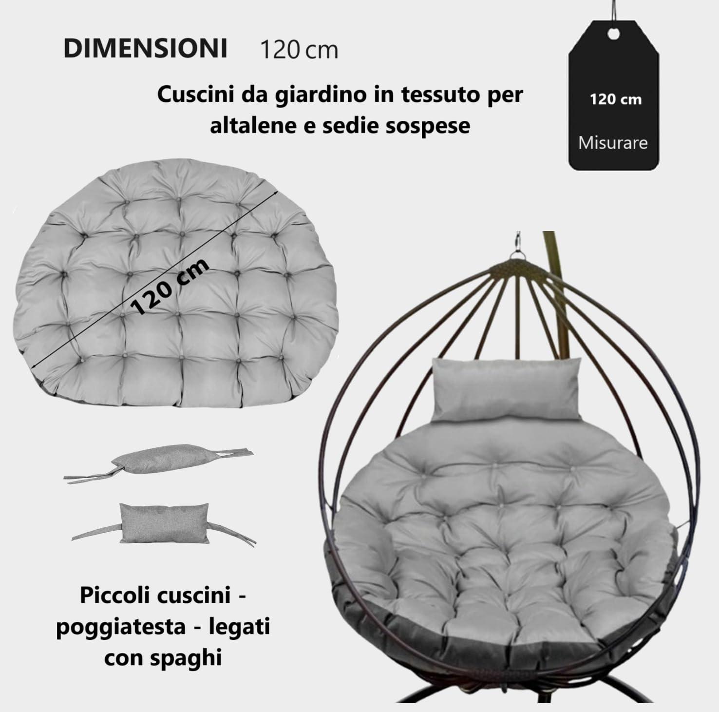 Cuscino imbottito per poltrona sospesa da giardino, con poggiatesta imbottito in polyrattan, imbottitura trapuntata, facile da pulire, impermeabile