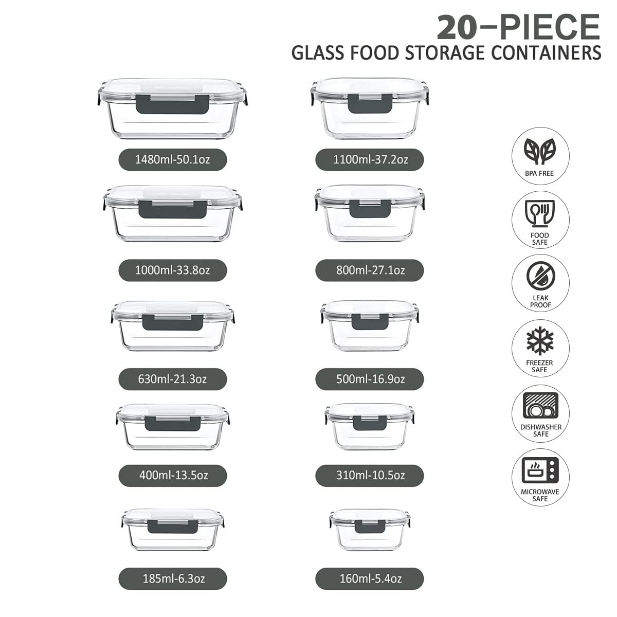 Glas Frischhaltedosen mit deckel Vorratsbehälterset ,kühlschrank organizer Aufbewahrungsbehälter aufschnittboxenmeal prep gläser ,obst gemüse aufbewahrung Lunchbox Brotdosen- BPA-frei (10 Behälter)