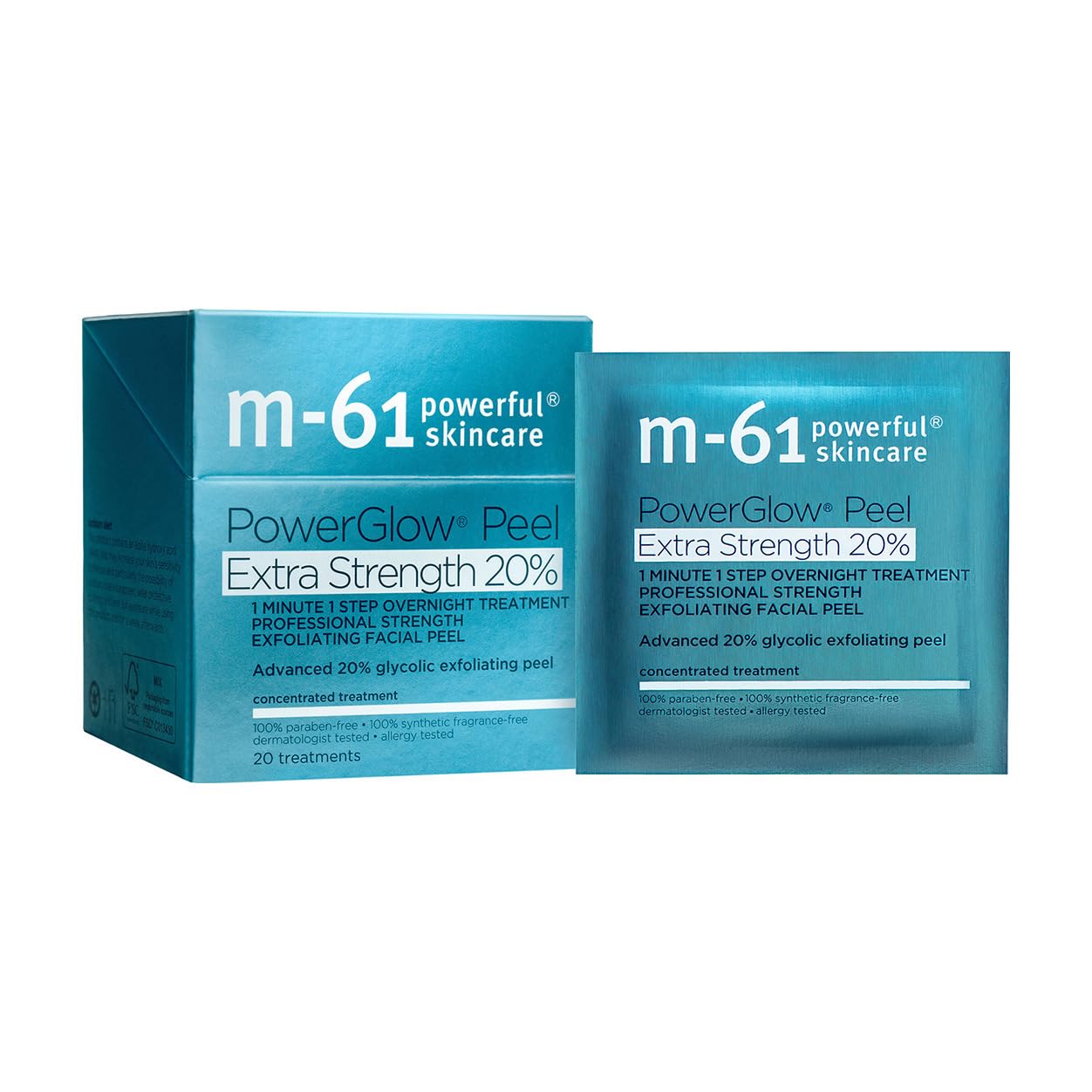 M-61 PowerGlow® Peel Extra Strength 20% - 20 Treatments - 1 minute, 1 step advanced 20% glycolic overnight exfoliating glow peel