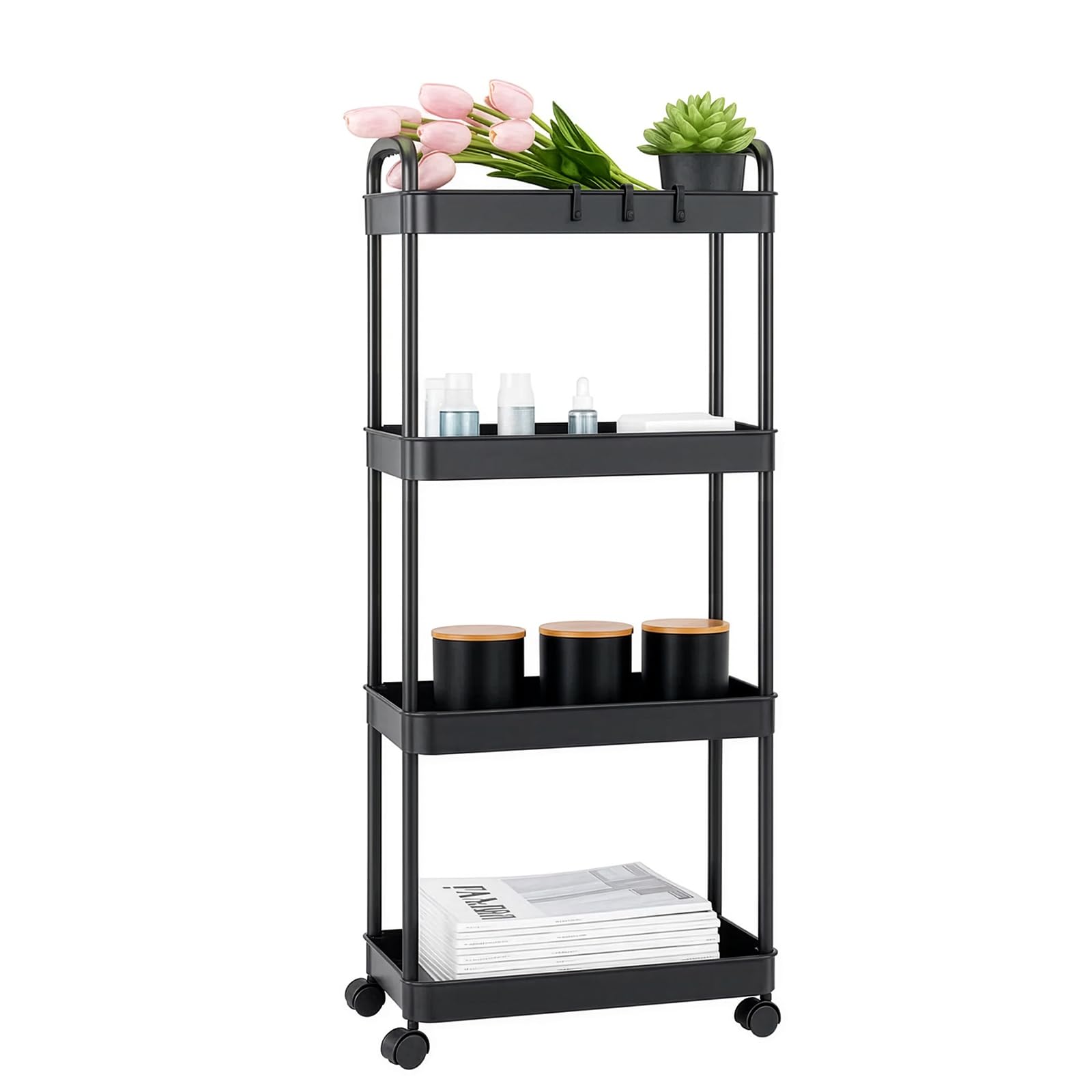 GREENSAPPIRE Storage Trolley on Wheels - 4-Tier Black Kitchen Trolley with Lockable Wheels | Plastic + Stainless Steel Mobile Organiser for Bathroom Office