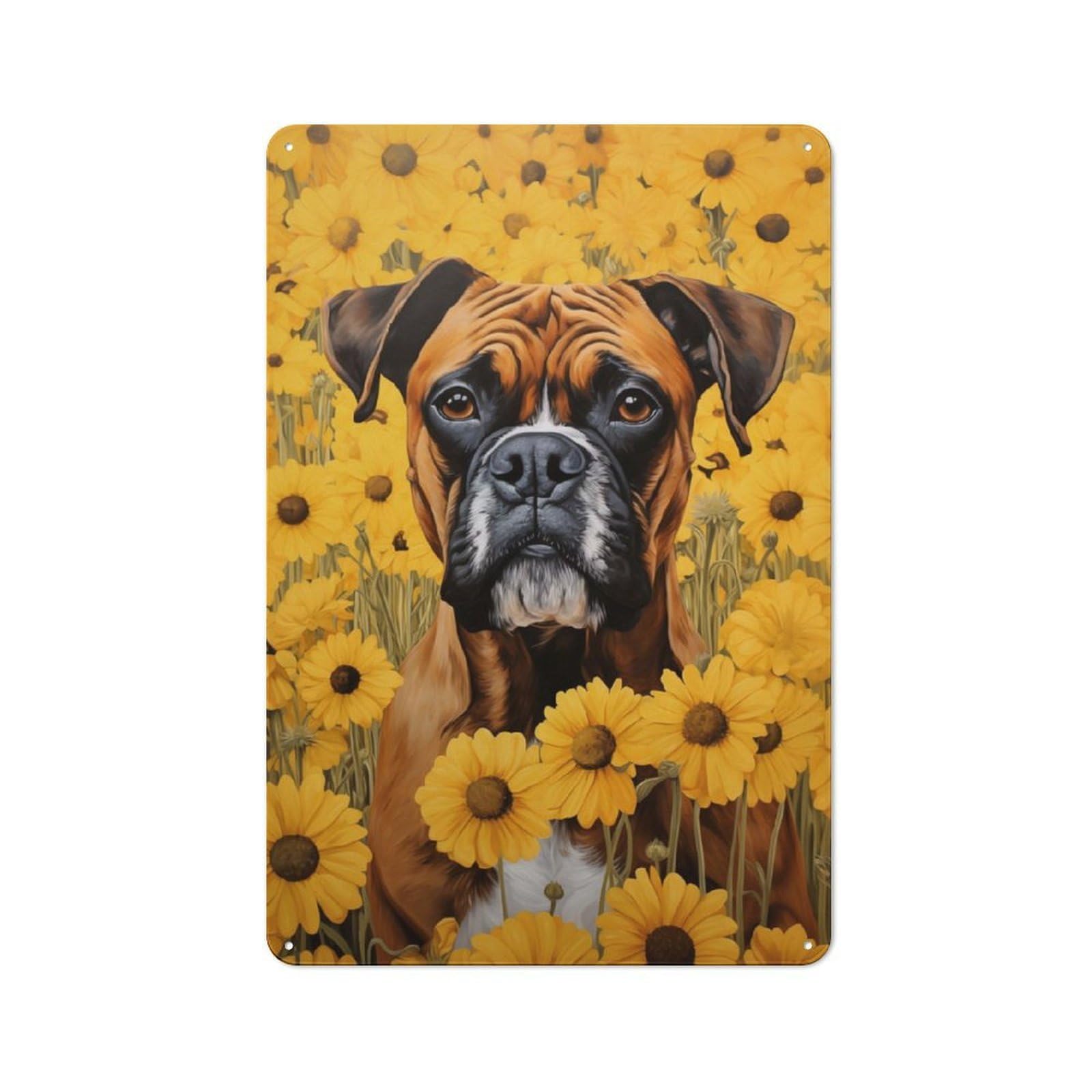 Junmoney Boxer Dog In Sunflowers Tin Wall Plaque 30X20cm With For Pub Or Café, Suited To Pub Decor Enthusiasts, For Retro Home Interiors