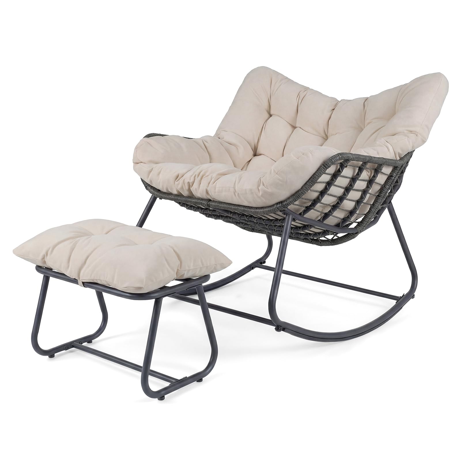 SOARS Poltrona a Dondolo con Poggiapiedi, Sedia a Dondolo da Interno ed Esterno, Poltrona Relax in Rattan con Cuscini Rimovibili per Soggiorno, Balcone e Giardino, Portata 150 kg (Beige)